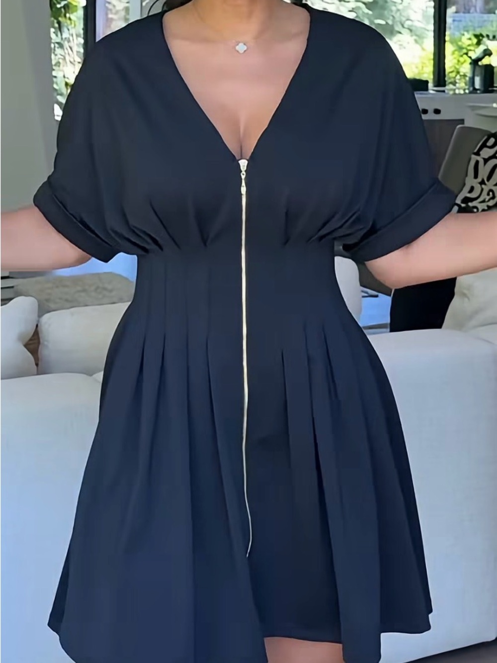 Black Zip-Front Midi Dress with V-Neck and Short Sleeves